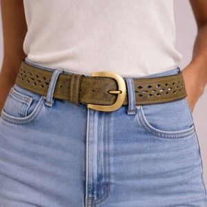 Olive Green Leather Cutout Belt Gold Buckle Small